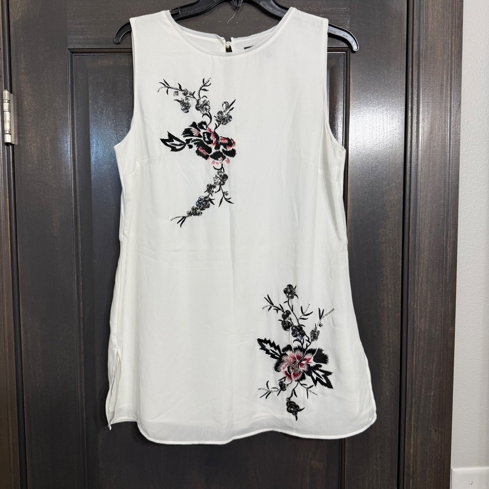 White House Black Market Womens White Floral Embroidered Sequin Tunic Top Sz 10
